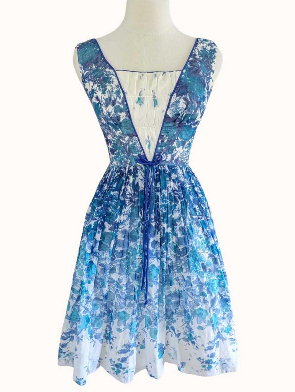 Authentic Vintage 1960s Blue Watercolor Floral Fit-and-Flare Dress 30" Bust - XS